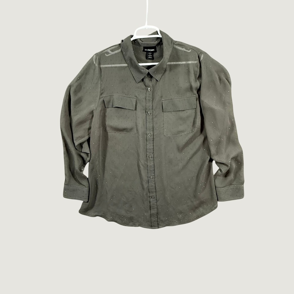 Lane Bryant Olive Green Metallic Clip Dot Button Down Blouse Top Womens 18/20